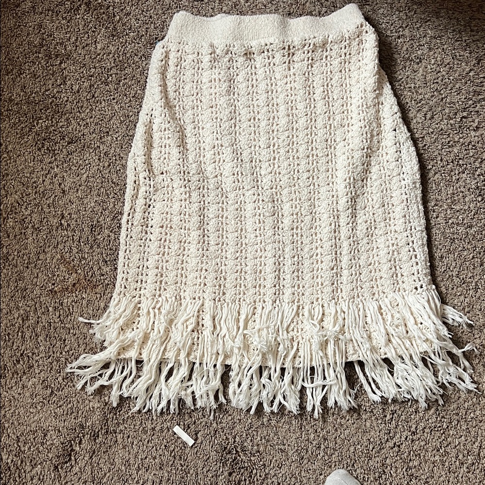 Maeve Cream Textured Fringe Midi Skirt